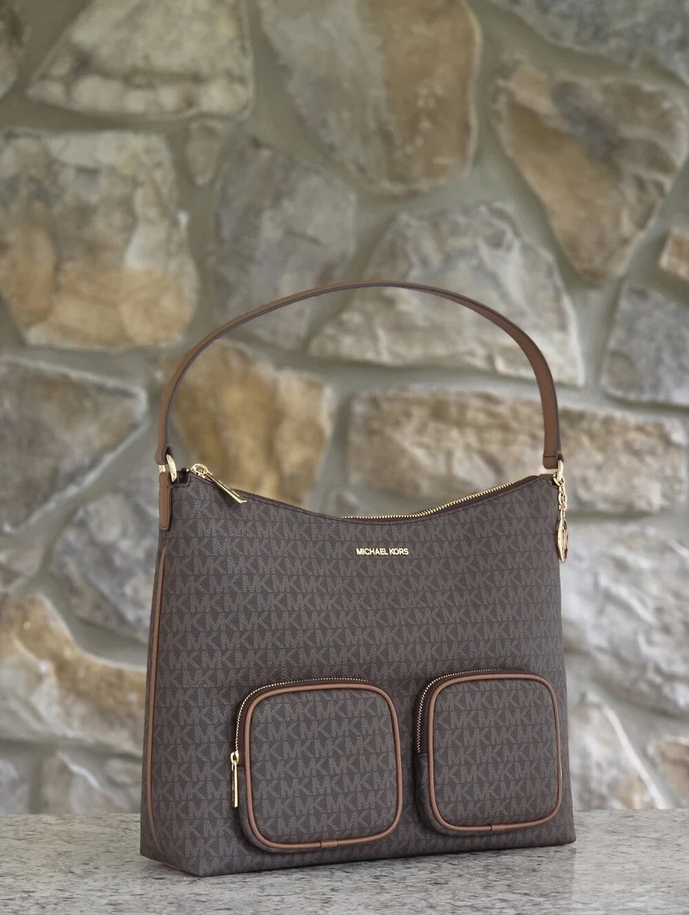 Michael Kors Merritt Large Brown Signature Logo Cargo Shoulder Bag
